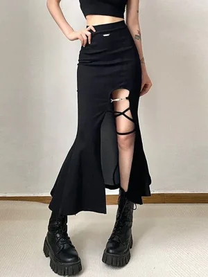 High Waist Women Skirts American Style Designed Bandage Split Midi Skirt