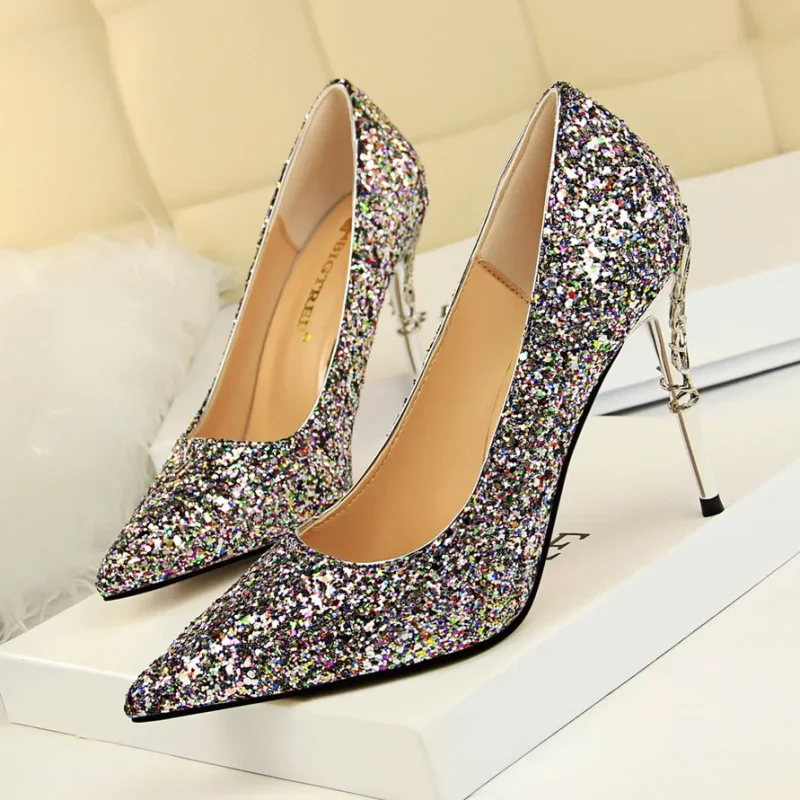 Women 9.5cm High Heels Pumps Lady Stiletto Wedding Bridal Gold Silver Heels - Image 10