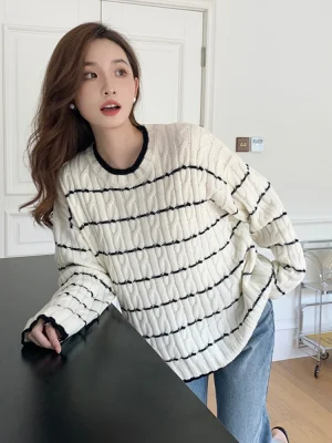 Korean Soft Striped Sweaters Women O Neck Lazy Wind Fashion Knitted