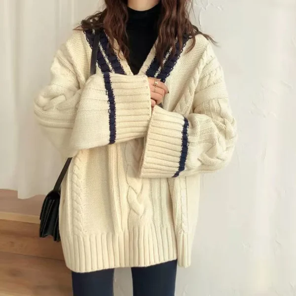 Oversize Sweet Women Sweaters Long Sleeve V Neck Vintage Lazy Wind Knitted - Image 2