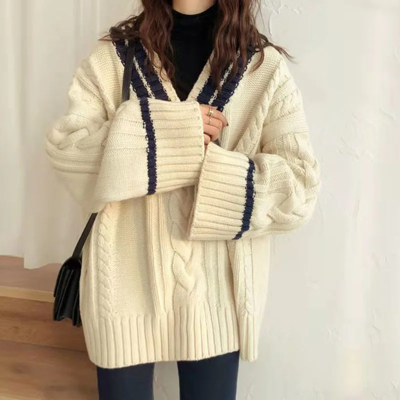 Oversize Sweet Women Sweaters Long Sleeve V Neck Vintage Lazy Wind Knitted - Image 2