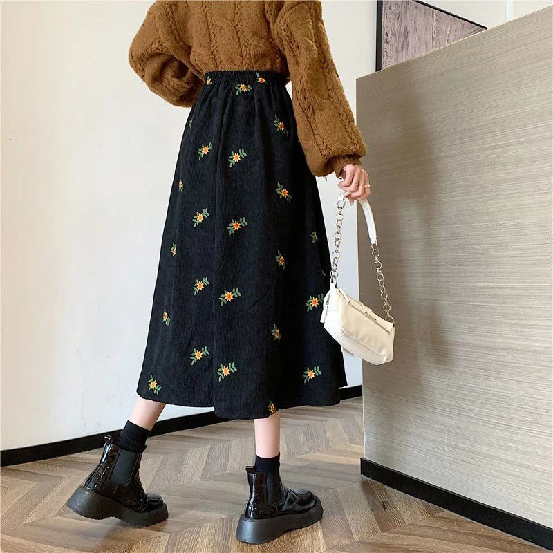 Floral Corduroy Skirts Women High Waist Sweet Midi Skirt Elegant Fall Winter - Image 6