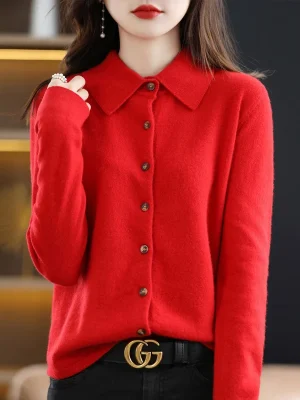 Winter POLO Neck Wool Knitted Shirt With Loose Long-Sleeved Sweater Cardigan