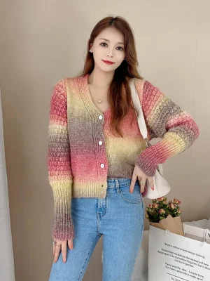 Elegant Women Rainbow Cardigan Japan Casual Long Sleeve Gradient Knitted