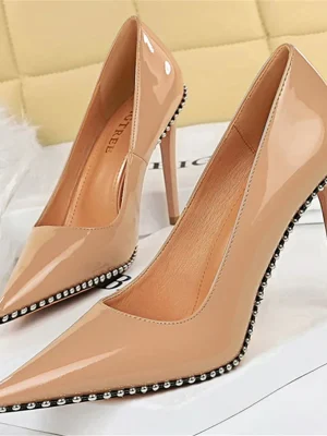 High Heels Pumps Lady Rivets Nude Low Heels Fetish Nightclub Slim Fit Party