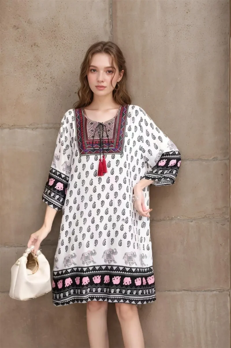Spring Fashion Vestidos Short Sleeve Tassel Poplin Boho Mini Beach Dresses