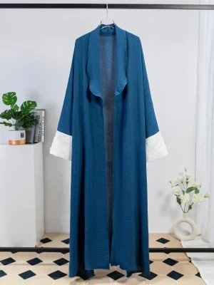 Open Front Abaya Muslim Kaftans Long Sleeve Maxi Length Dresses Lace