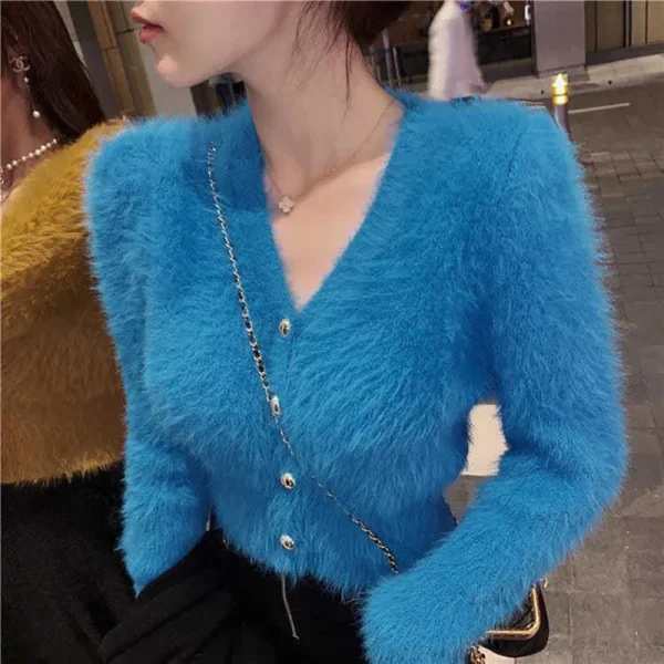 Vintage Cropped Mohair Knitted Cardigan Women V Neck Sweater Coat Streetwear - Image 6