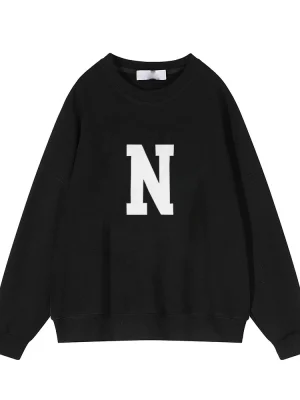 Simplic “N” Letter Print Sweatshirt Women Soft O Neck Ladies Vintage Pullovers Tops