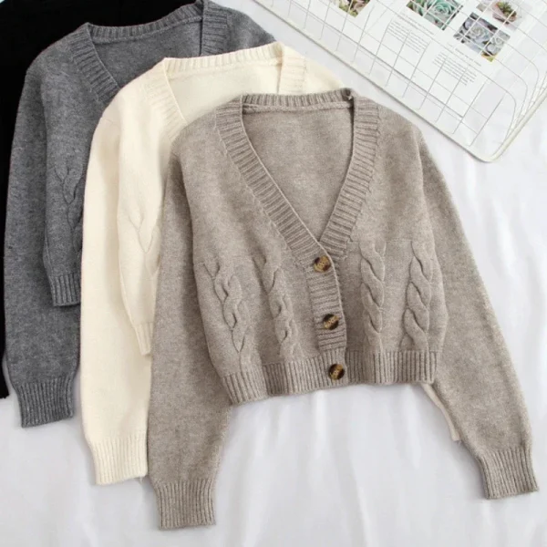 Women Cardigan V Neck Cropped Long Sleeve Twist Knitted Sweater Coats