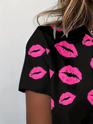 Ladies T-shirt 3D Printed Sexy Lips Women’s Breathable T-Shirt Oversized Street Short