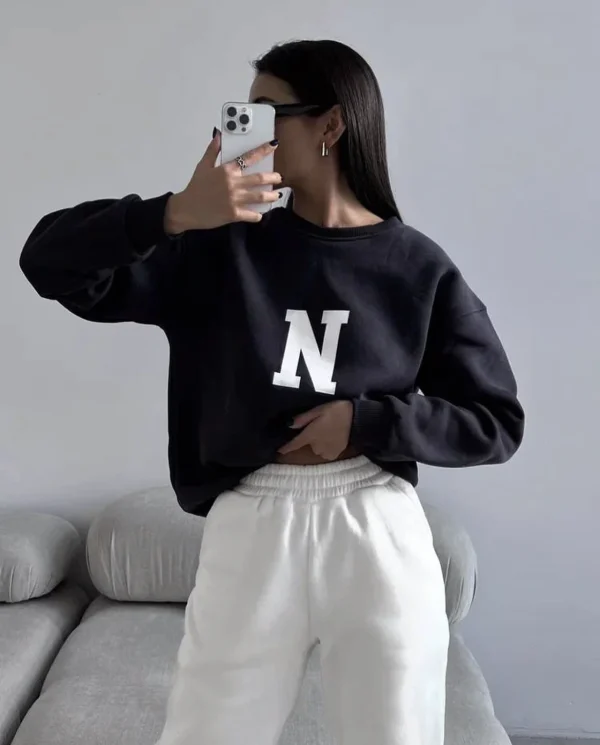 Simplic “N” Letter Print Sweatshirt Women Soft O Neck Ladies Vintage Pullovers Tops - Image 11