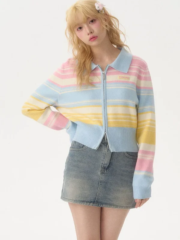 Fashion Rainbow Cardigan Sweaters Women Casual Zipper Sweet Knitted Short Coat - Image 4