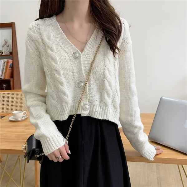 Cardigan Women Sweet Long Sleeve Cropped Elegant Knitted Sweaters Coat - Image 2