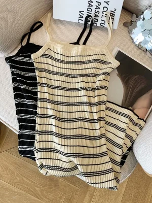 Dresses Fashion Female Striped Elastic Skinny Knitted Package Hip Mini Dress