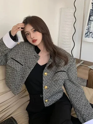 Jacket Women Streetwear Long Sleeve Casual Tweed Short Suit Coat American