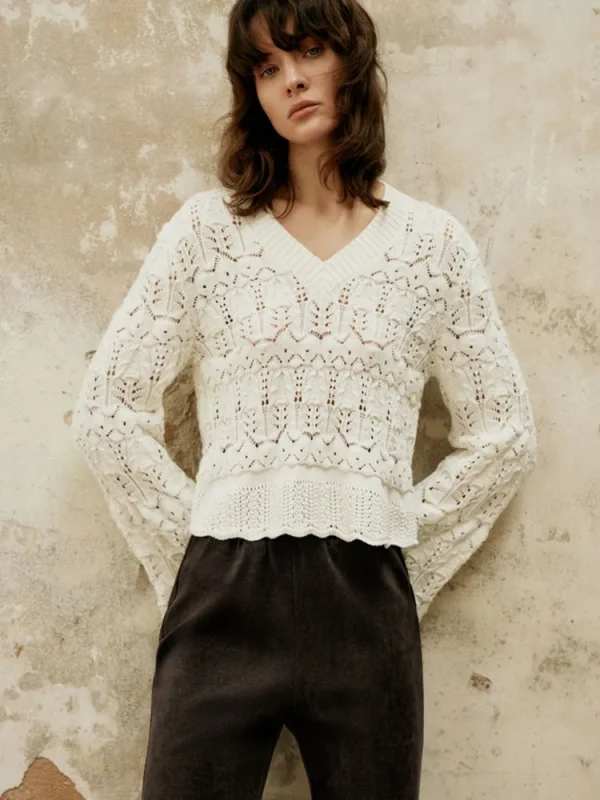 Vintage Hollow Out White Sweaters Women V Neck Sweet Short Knitted - Image 3