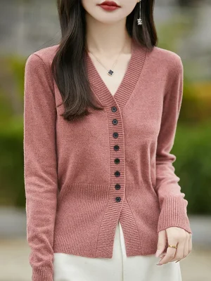 Sweater Women Autumn Winter Fashion Knit V-neck Sweater Solid Color Female