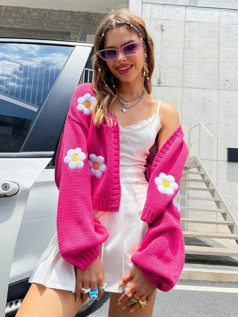 Autumn Knitted Cardigan Flower Embroidery Women Sweater Flower Sweater - Image 2