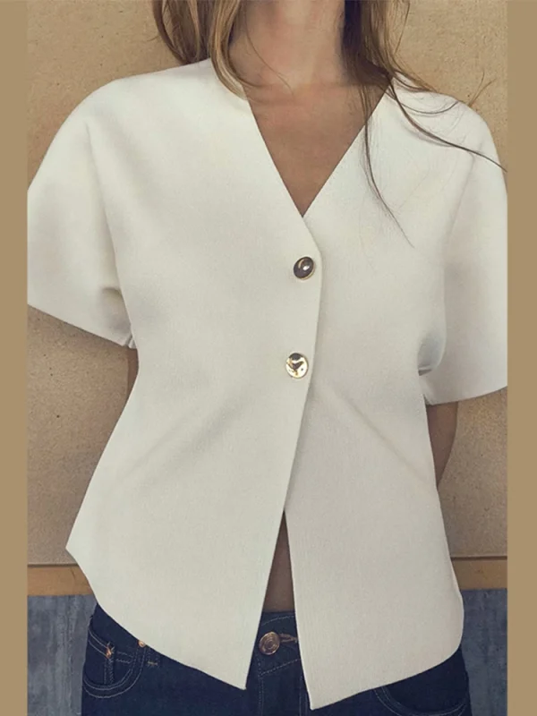 Elegant White Knit Cardigan Top Women Short Sleeve V-neck Buttons Vest Waistcoat