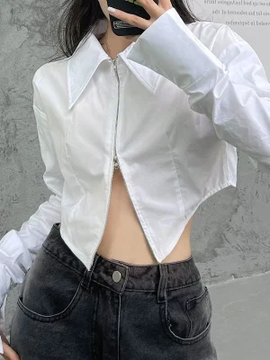 Slim Cropped White Shirt Women Long Sleeve Sexy Chic Double Zippers