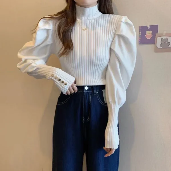 Puff Sleeve Sweaters Women Sweet Long Sleeve Korean Knitted - Image 7