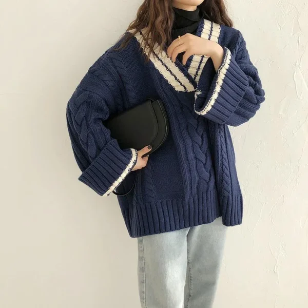 Oversize Sweet Women Sweaters Long Sleeve V Neck Vintage Lazy Wind Knitted - Image 4