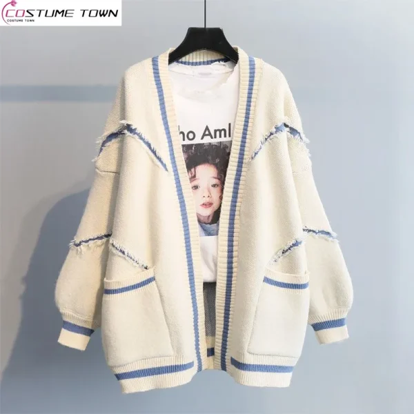 Korean Version Loose English Letter Fashion Thickened Knitted Mid Length Sweater Cardigan Coat - Image 2