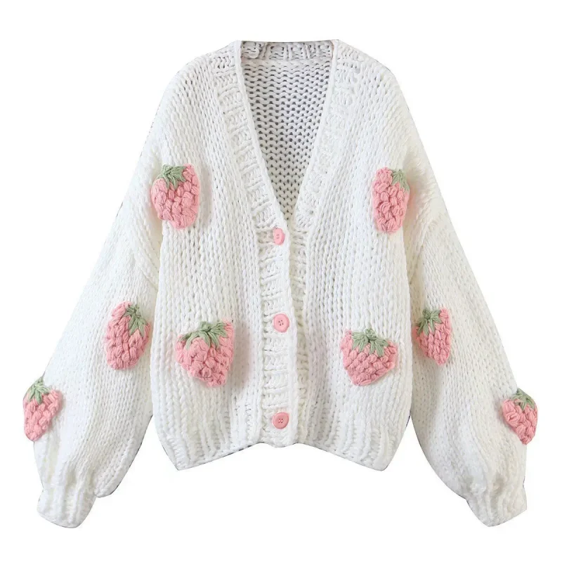 Autumn Womens Hand-crocheted Strawberry Knitted Cardigan Loose Sweater Coat - Image 2