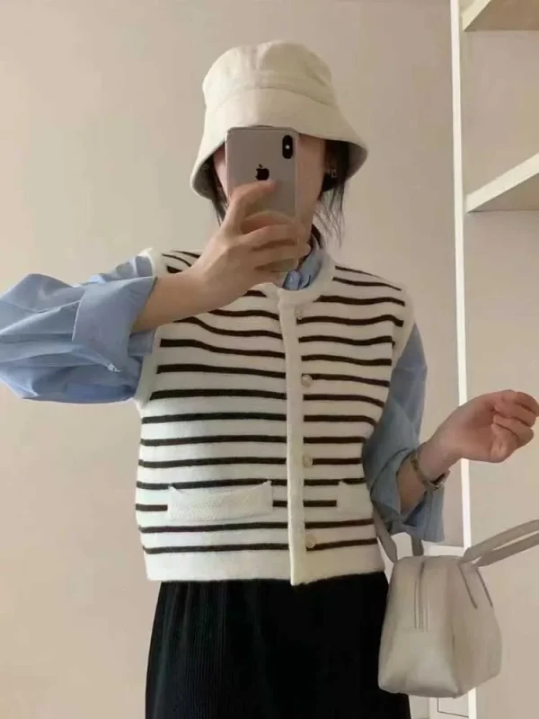 Vintage Striped Cardigan Vest Women Casual  Knitted Sweater - Image 2