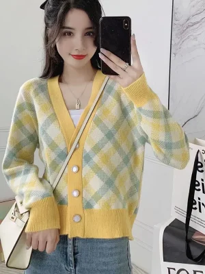 Women V Neck Sweet Cardigan Fall Loose Patchwork Long Sleeve Knitted Coats