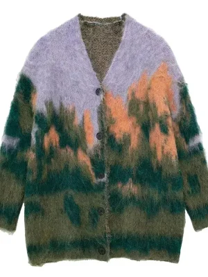 Knitted Printed Cardigan Loose Colorful V-neck Vintage Landscape