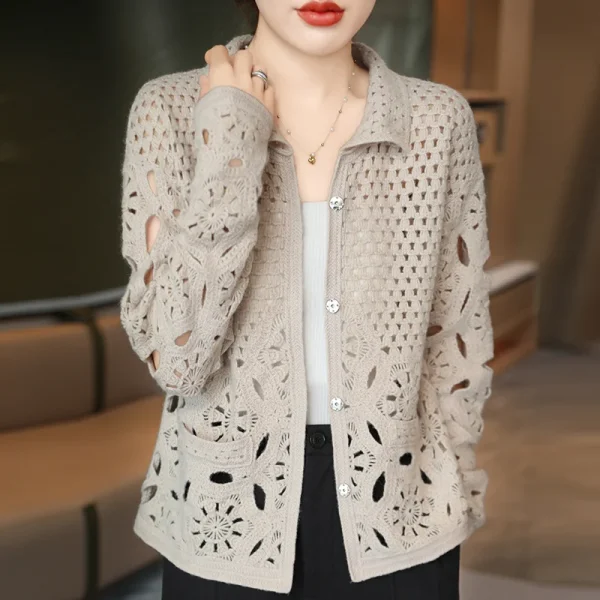 Crochet Embroidery Hollowed Out Transparent Wool Cardigan Women's office Polo - Image 3