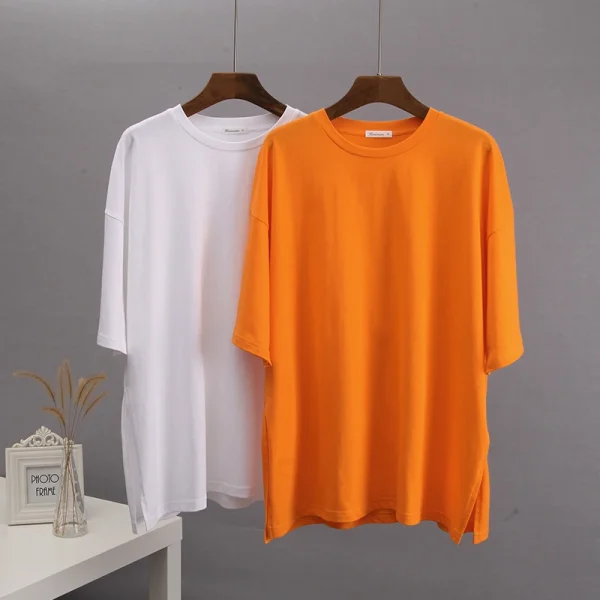 Summer Oversized Cotton T Shirt Women New Loose Solid Split Tees - Image 9