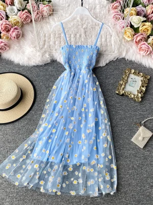 Summer Beach Mesh Floral Dress Women Vintage Elegant Sexy Beach