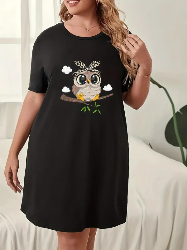 Women's Nightgowns Round Neck Short Sleeve Dress Printed Owl Micro - Image 4