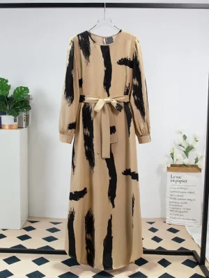 Prayer Ramadan Maxi Dress Women Casual Dresses With Belt Fashion Full Sleeve