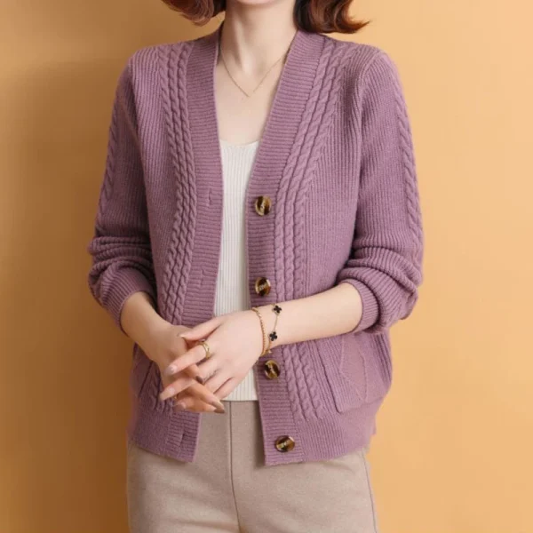 Winter V Neck Knitted Cardigan Women Simple Long Sleeve Twist Sweaters - Image 2