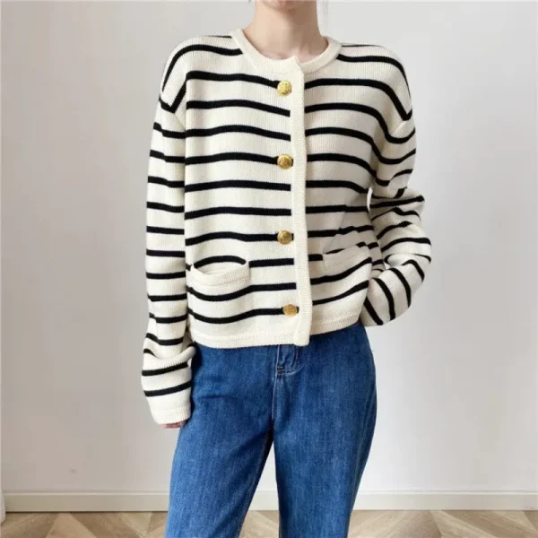 Winter Korean contrasting striped knitted cardigan women's winter Single - Image 2