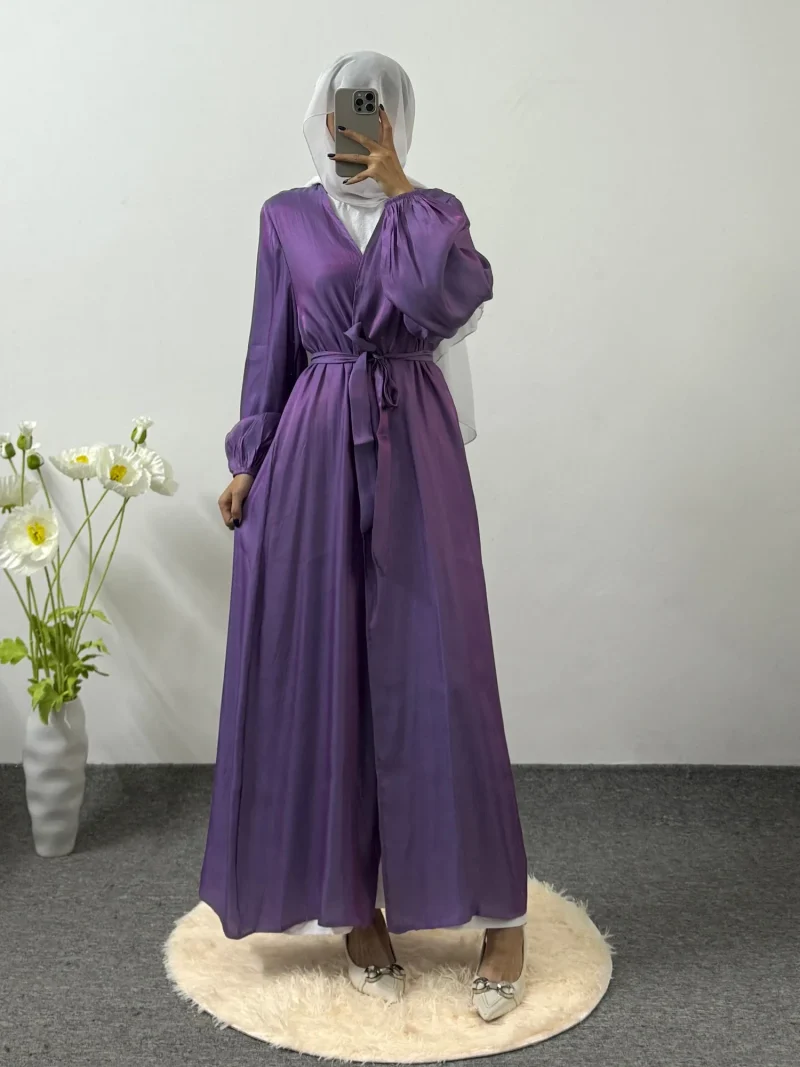 Muslim Open Front Abayas Long Sleeve Wearout Kaftans Maxi Dress - Image 3