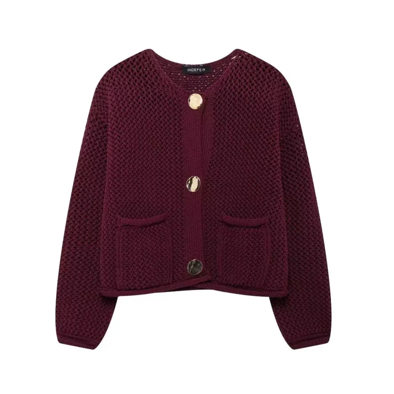 Autumn Women Knitted Cardigan Metal Buttons O Neck Long Sleeve Sweater - Image 5