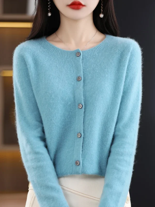 Fashion Spring Merino Wool Womens O-neck Cardigan Cashmere Sweater - Image 2