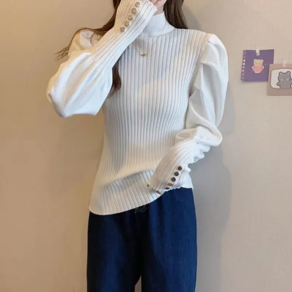 Puff Sleeve Sweaters Women Sweet Long Sleeve Korean Knitted - Image 5