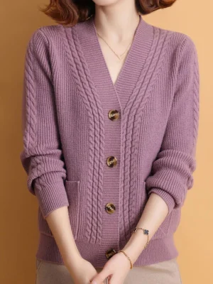 Winter V Neck Knitted Cardigan Women Simple Long Sleeve Twist Sweaters