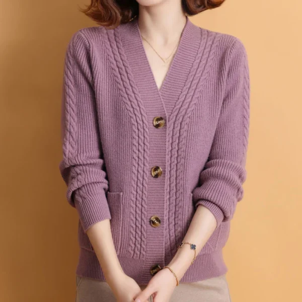 Winter V Neck Knitted Cardigan Women Simple Long Sleeve Twist Sweaters