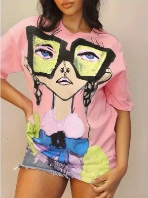 Extra Long T-Shirt Women Cartoon Glasses Girl Big Size Ladies Micro Stretch T-Shirt