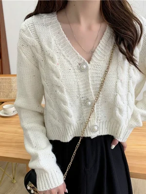 Cardigan Women Sweet Long Sleeve Cropped Elegant Knitted Sweaters Coat