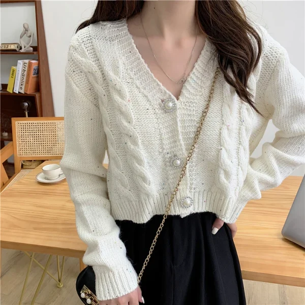 Cardigan Women Sweet Long Sleeve Cropped Elegant Knitted Sweaters Coat