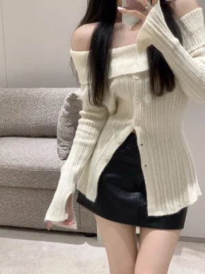 Women Sexy Off Shoulder Elegant Knitted Pullovers Korean Long Sleeve Sweet Female Fashion Jumpers