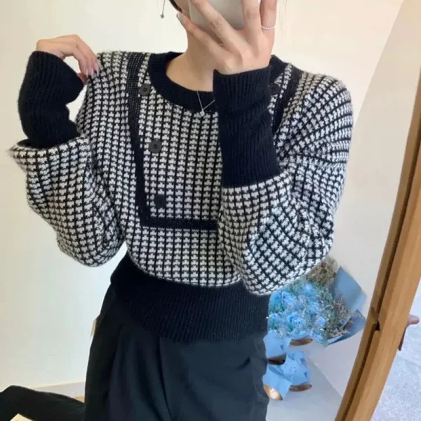 Sweaters Women Long Sleeve Casual Patchwork Knitted Jumpers Korean Loose O Neck Retro Buttons Pullovers - Image 2